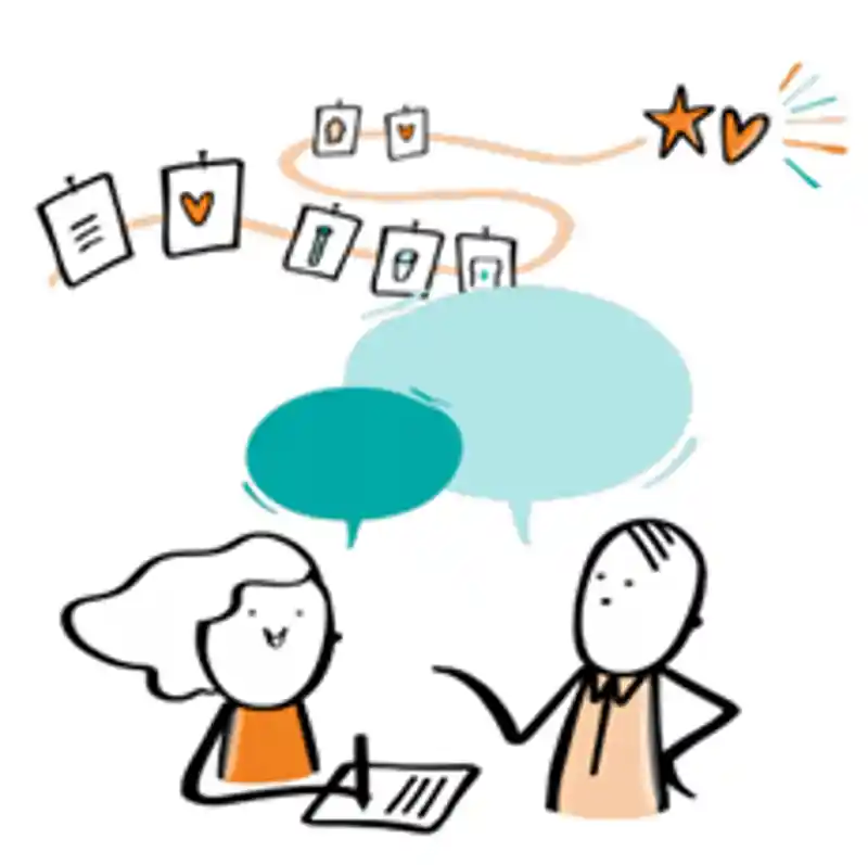 Bilden visar två illustrerade personer som samtala om sammanhållen planeringg