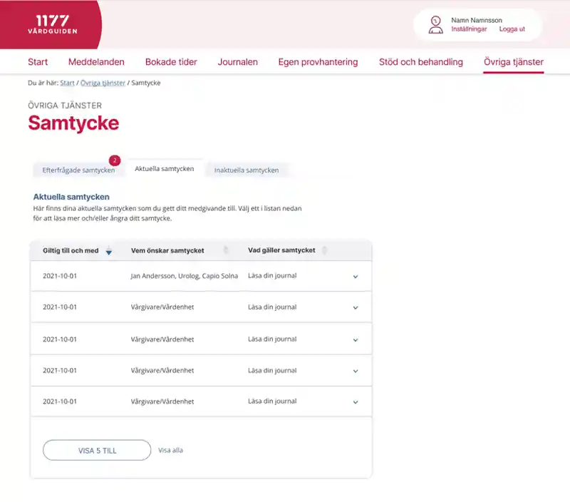 En skiss till hur det skulle kunna se ut när invånaren vill hantera sina samtycken.