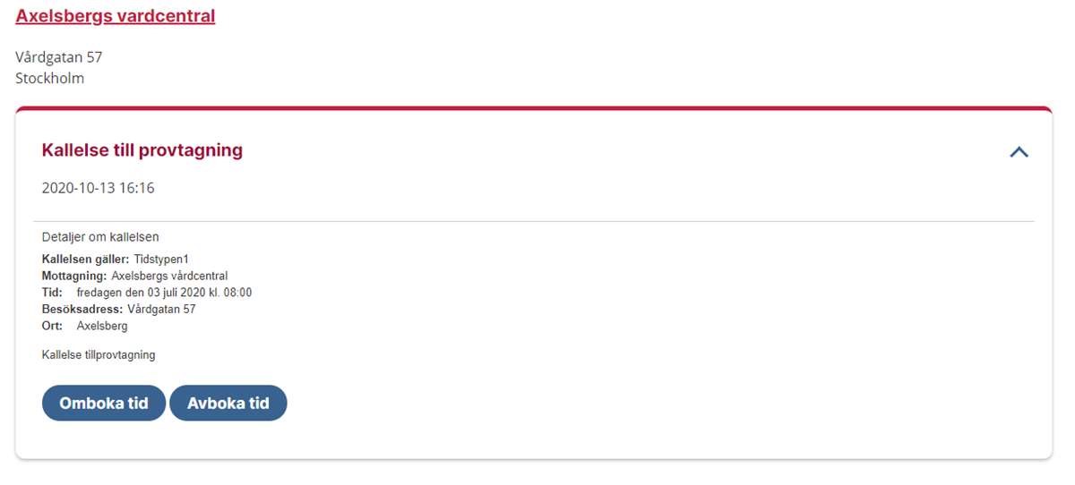 Skärmbild av kallelse till provtagning i 1177 Inkorg.