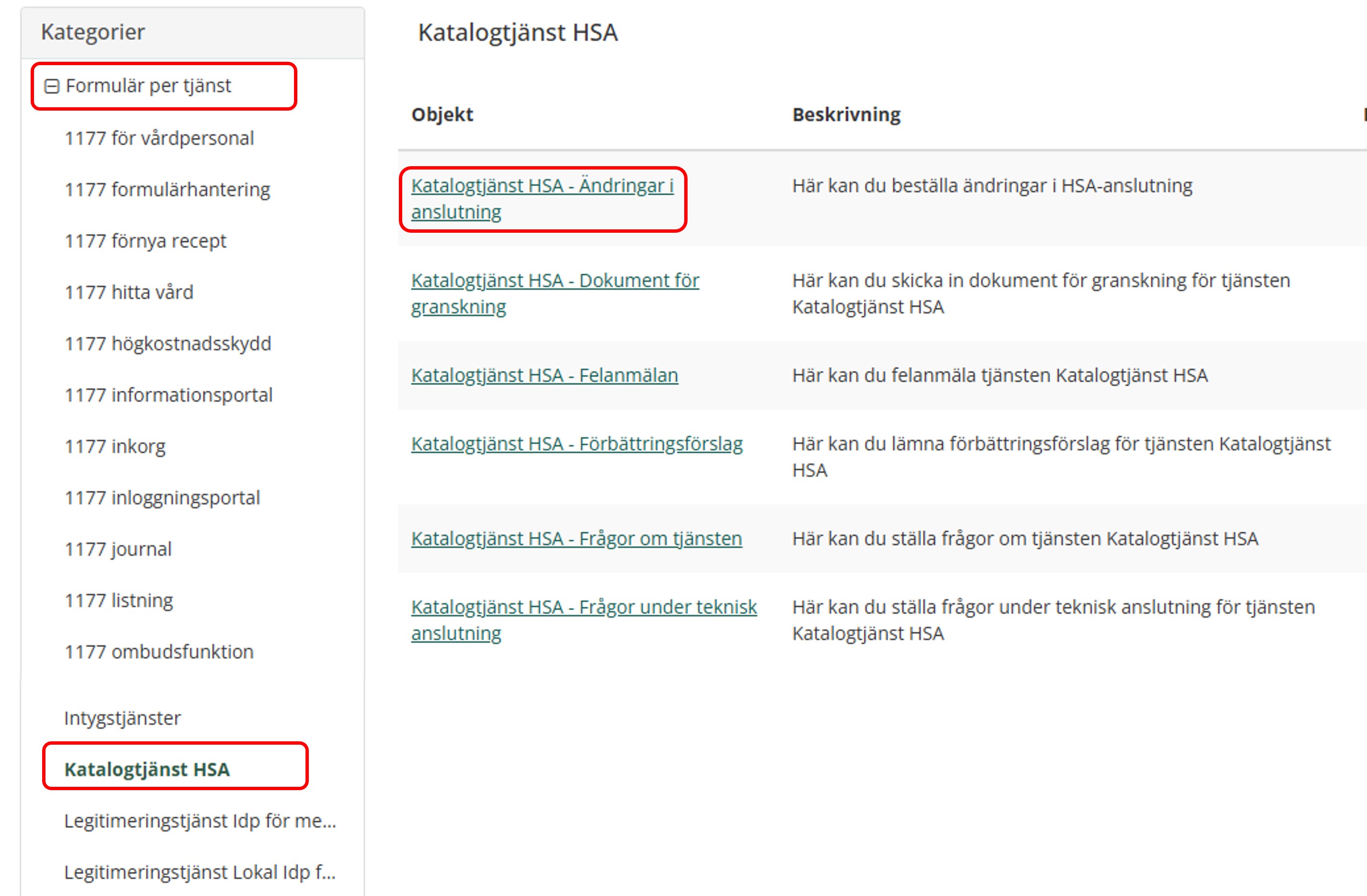 Skärmbild från kundportalen som visar sidan där alla formulär som rör HSA finns.