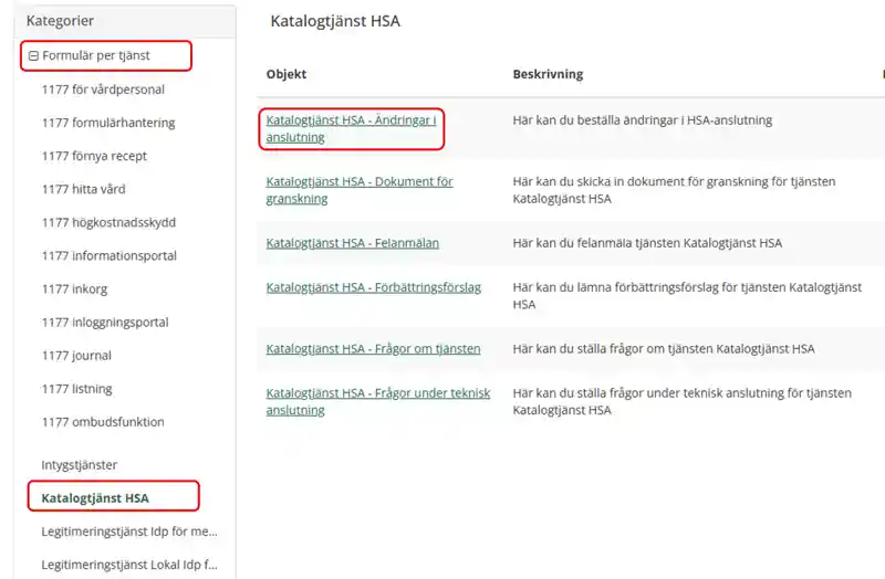 Skärmbild från kundportalen som visar sidan där alla formulär som rör HSA finns.